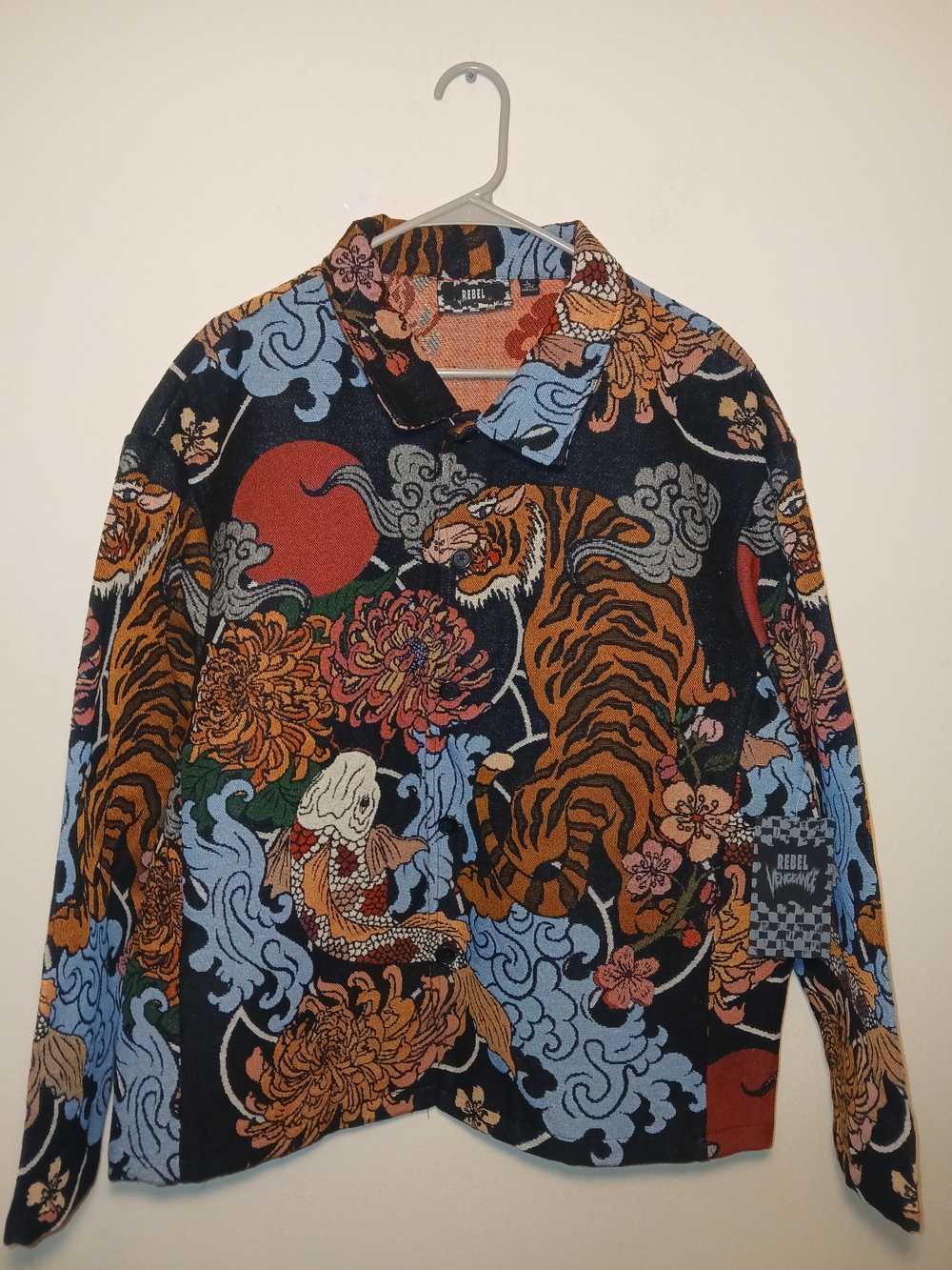Rebel Vengeance Japanese tiger and koi fish tapestry button-up shirt jacket